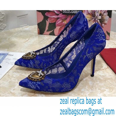 Dolce & Gabbana Heel 10.5cm Taormina Lace Pumps Blue with Devotion Heart 2021